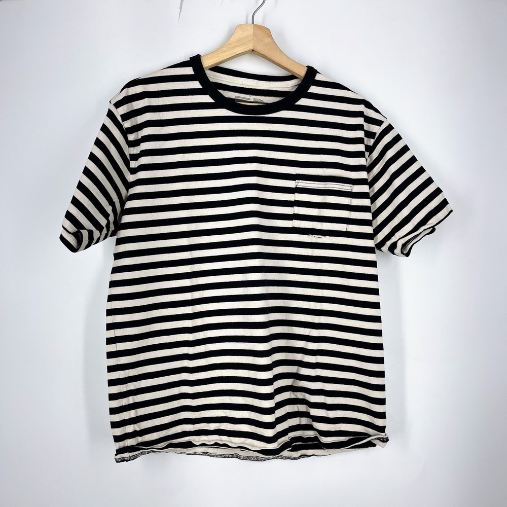 Muji Womens Striped Short Sleeve Pocket T-Shirt Crew Neck Casual Tee Size L